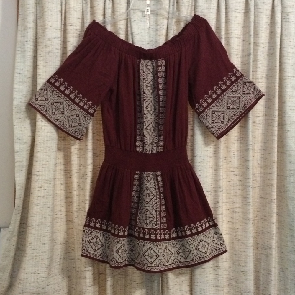 Tularosa Fiona Embroidered Off The Shoulder Drop Waist Dress In Mulled Wine